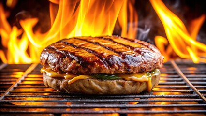Close-up image of a perfectly cooked burger steak with a flame-grilled texture