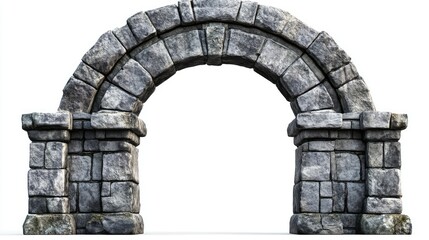 Ancient stone arc gate isolated on a white background, showcasing intricate stonework details.
