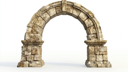 Fototapeta premium Ancient stone arc gate isolated on white, showcasing intricate stonework and aged details.