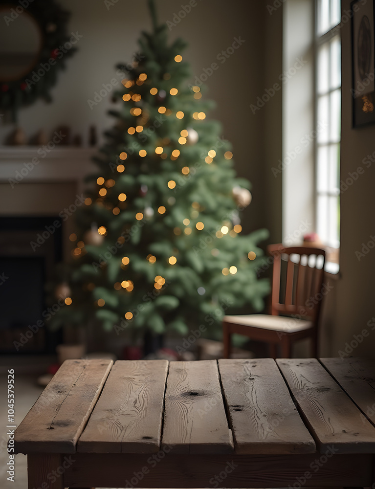 Poster A simple Christmas background features an old wooden table in a quiet empty setting.