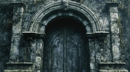 Ancient stone arc gate isolated, with detailed carvings and weathered stone textures.