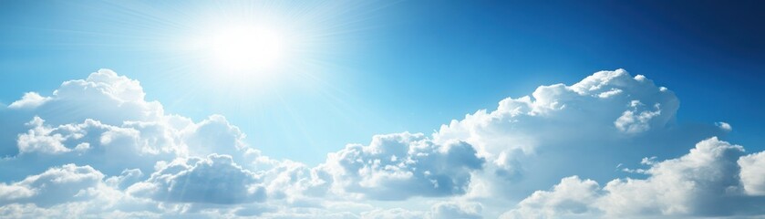 Obraz premium A bright, sunny sky with fluffy white clouds drifting under a clear blue expanse, creating a serene and uplifting atmosphere.