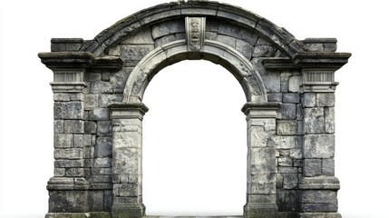 Obraz premium Ancient stone arc gate isolated, with fine stone carvings and weathered textures.