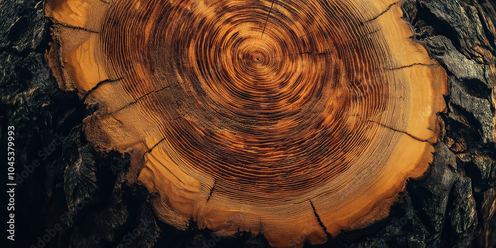 Aufkleber sawn tree trunk showing growth rings with dark bark