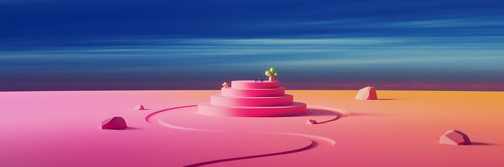 Pink and green minimalist desert landscape with geometric shapes evokes a serene and futuristic mood   