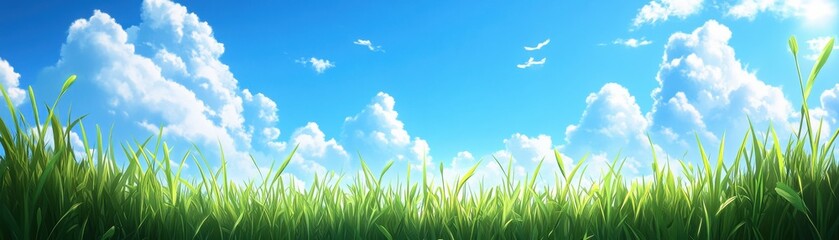 Obraz premium A serene landscape featuring lush green grass against a bright blue sky with fluffy white clouds.
