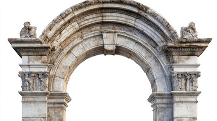Ancient stone arc gate standing isolated on white, showcasing detailed stone carvings and design.