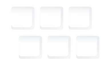 Set of white square keyboard buttons. 6 empty key templates for design. Vector mockup. Editable Blank template. EPS10.