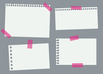 Set of 4 different empty notes with holes. Pieces of white papers on pink sticky tape. Notebook pages. Mood board template composition.Mockup on black background. Vector 3d realistic. EPS10.