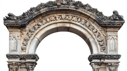 Naklejka premium Ancient stone arc gate with detailed carvings, isolated on a white background.