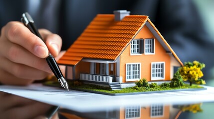 Fototapeta premium Model house with pen on document, business concept