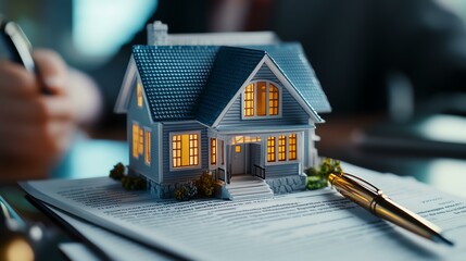 Model house on paperwork with pen.