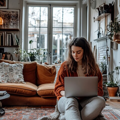 Naklejka premium A person sitting comfortably at home makes purchases online. AI generative.