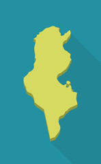 Yellow map of Tunisia with a relief effect isolated on a blue background with shadow (flat design)