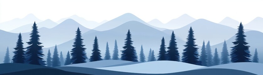 Fototapeta premium A serene landscape featuring layered mountains and silhouettes of evergreen trees, rendered in calming blue tones against a light sky.