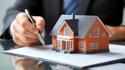 Fototapeta premium Hand with house model on paperwork