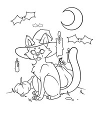 Halloween coloring page with black cat and moon