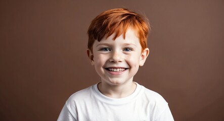 redhead kid boy brown background wearing plain white tshirt smiling happy portrait
