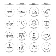 Skin types and cosmetics icon set. The outline icons are well scalable and editable. Contrasting elements are good for different backgrounds. EPS10.	