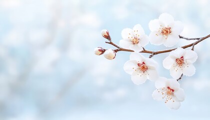 Obraz premium A delicate branch of white blossoms against a soft, blurred blue background, evoking a serene atmosphere of springtime beauty.