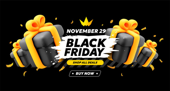 Vector black friday sale illustration with label lettering and gift box on dark background. 3d style sale business promotion design of black friday logo of discount day with gift box