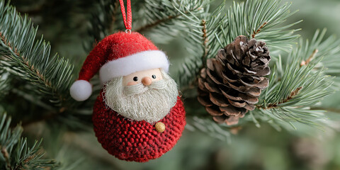 Obraz premium Santa claus ornament hanging on natural pine christmas tree with pine cone
