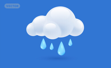 Vector weather rainy day illustration of fluffy cloud with shine blue rain drop and shadow on blue color background. 3d cartoon style design of rainy cloud with drop