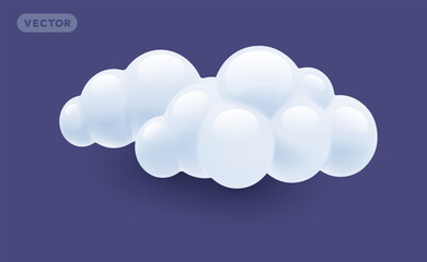 Vector weather illustration of two shine fluffy cloud with shadow on dark color background. 3d cartoon style design of mostly cloudy weather