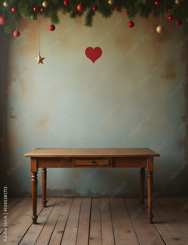 Poster a lone wooden table sits against a faded christmas backdrop with empty space surrounding it.