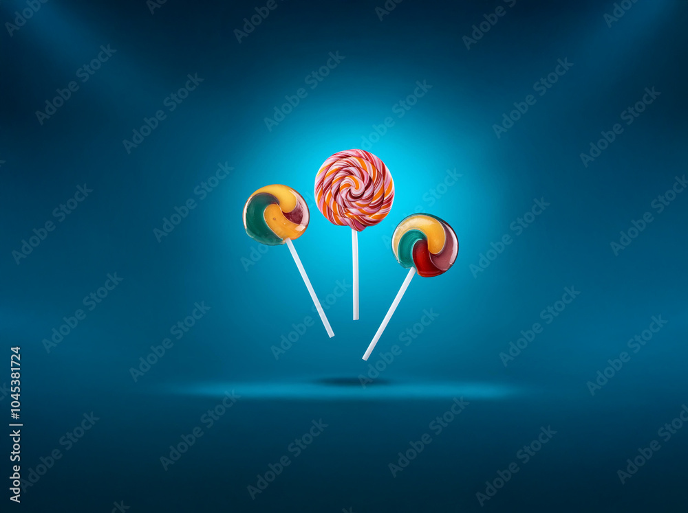 Aufkleber Three colorful lollipops on sticks with swirl patterns against a blue background.