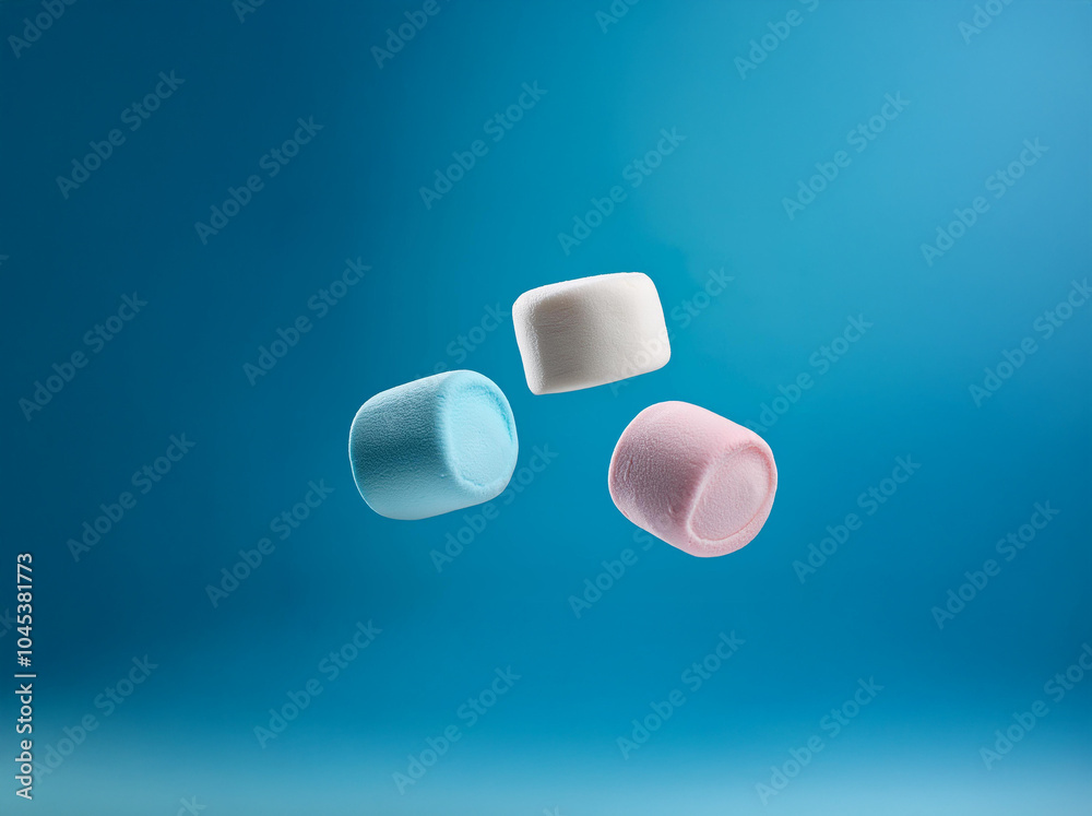 Poster three marshmallows of different colors floating against a blue background.