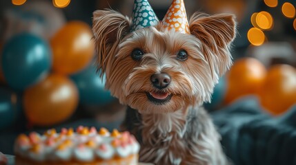Featuring a dog's birthday party with decorations and a cake. Emphasizing the joyful celebration and special moments of pets' birthdays. Ideal for social media posts and pet blogs.