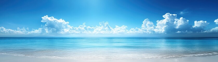 Obraz premium A serene ocean view with a clear blue sky and gentle waves lapping against a sandy shore, evoking tranquility and natural beauty.