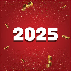 Festive 2025 in Bold White on Red Background with Gold Confetti
