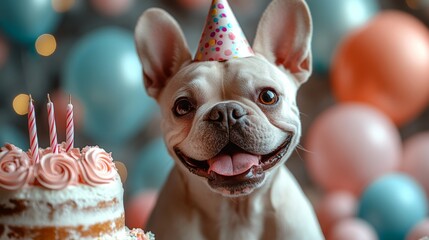 Featuring a dog's birthday party with decorations and a cake. Emphasizing the joyful celebration and special moments of pets' birthdays. Ideal for social media posts and pet blogs.