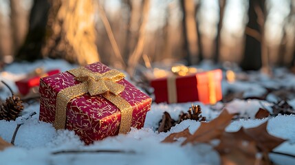 Red and Gold Presents in Snowy Forest Setting