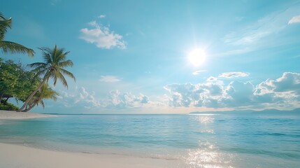 Serene beachscape a tranquil tropical paradise with crystal clear waters and a vibrant sky at sunset