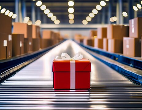 A single red gift box with white ribbon sits centered on a metallic conveyor belt in a warehouse