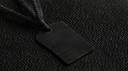 Blank black care tag on black fabric, showing subtle texture and visible stitching