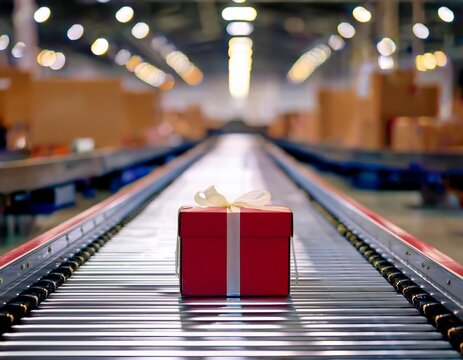 A single red gift box with white ribbon sits centered on a metallic conveyor belt in a warehouse