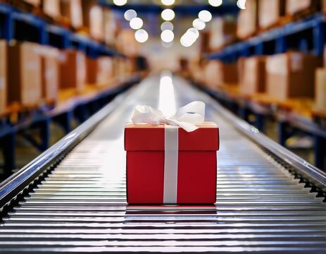 A single red gift box with white ribbon sits centered on a metallic conveyor belt in a warehouse