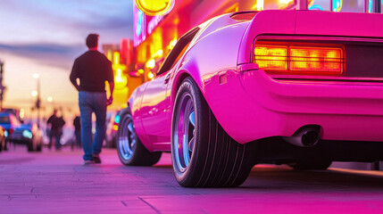A vibrant pink car parked under colorful neon lights during sunset, creating an exciting urban atmosphere.
