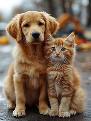 Playful Puppy and Curious Kitten Sitting Together