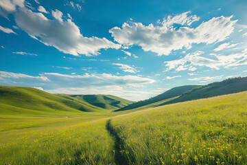 Obraz premium Scenic landscape of green rolling hills under a blue sky with scattered clouds, featuring a narrow trail cutting through a meadow of wildflowers, symbolizing tranquility and nature’s beauty