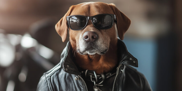 Brown labrador dog wearing sunglasses and black leather jacket posing