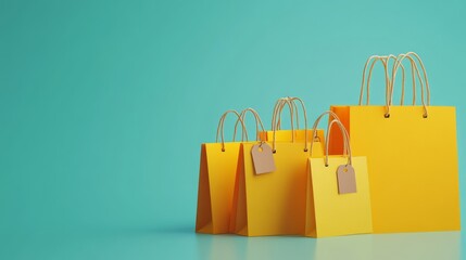 A set of shopping bags with visible sale tags, arranged against a blank background for marketing use.