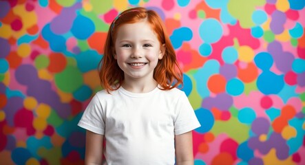Fototapeta premium redhead kid girl colorful background wearing plain white tshirt smiling happy portrait