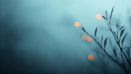 Bokeh lights in cool tones create abstract background, enhancing delicate silhouette of branch with leaves. serene atmosphere evokes sense of calm and tranquility