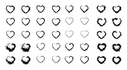 Diverse Rough-Edged Heart Designs in Black and White with Unique Textures and Outlines