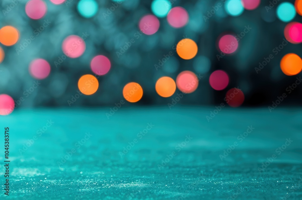 Poster turquoise glitter table providing copy space with colorful bokeh lights